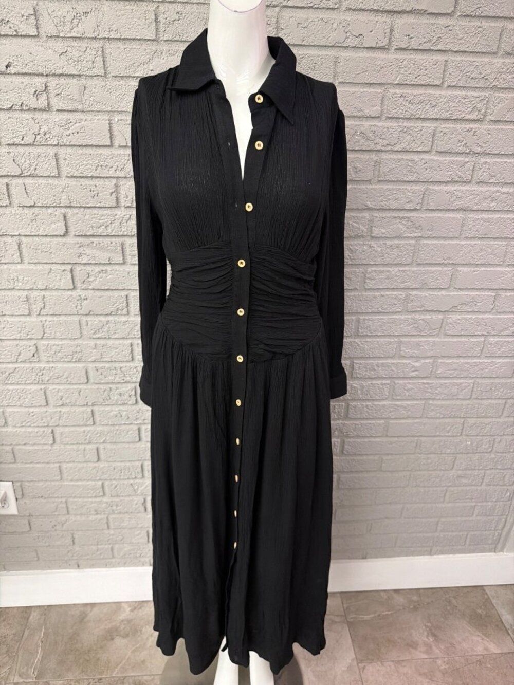 Modesees Women's Black Crinkled Cotton Long Sleeve Shirt Dress Size S